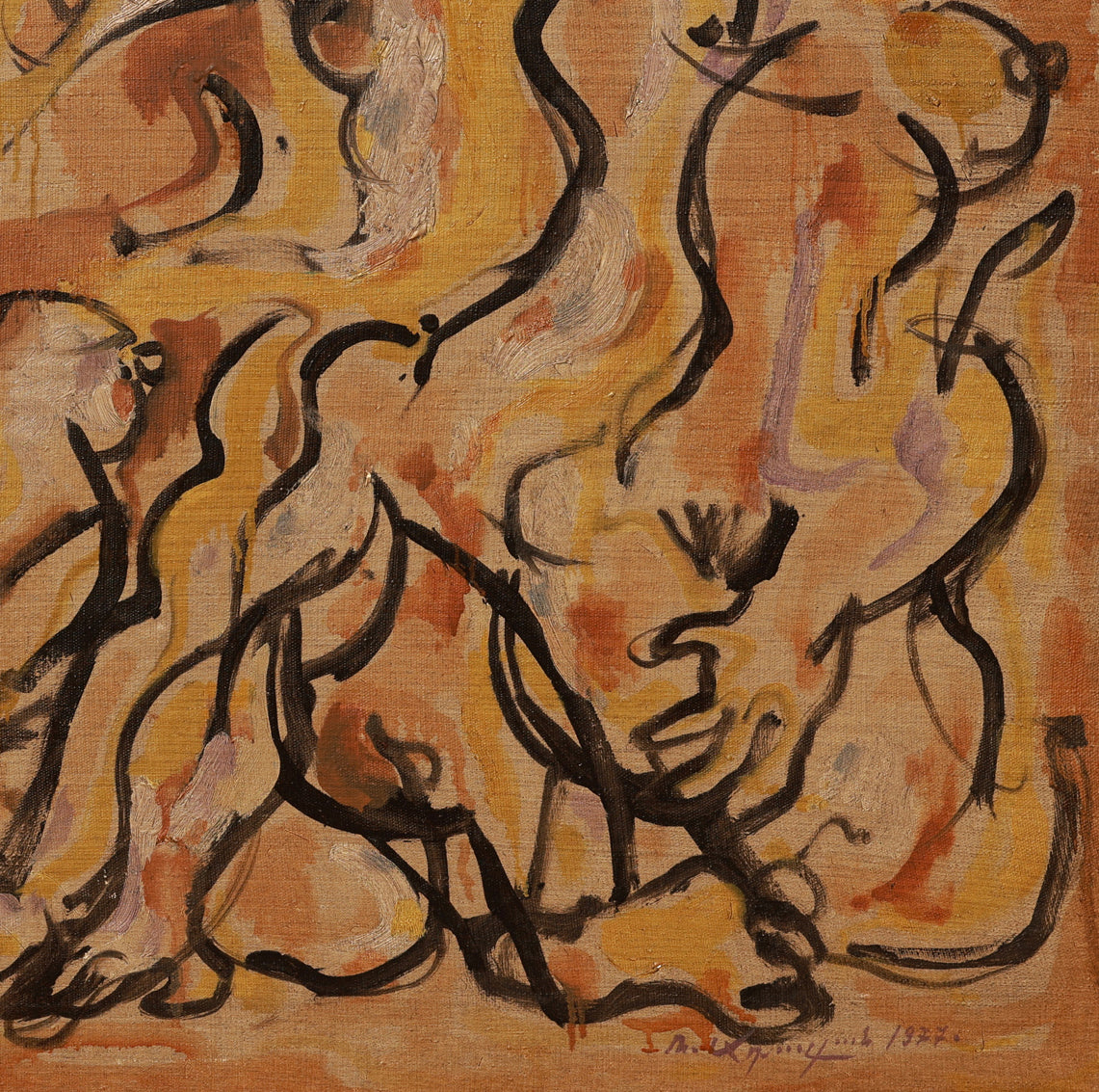A detail shot of an abstract artwork with flowing lines making shapes of human figures on a textured orange background