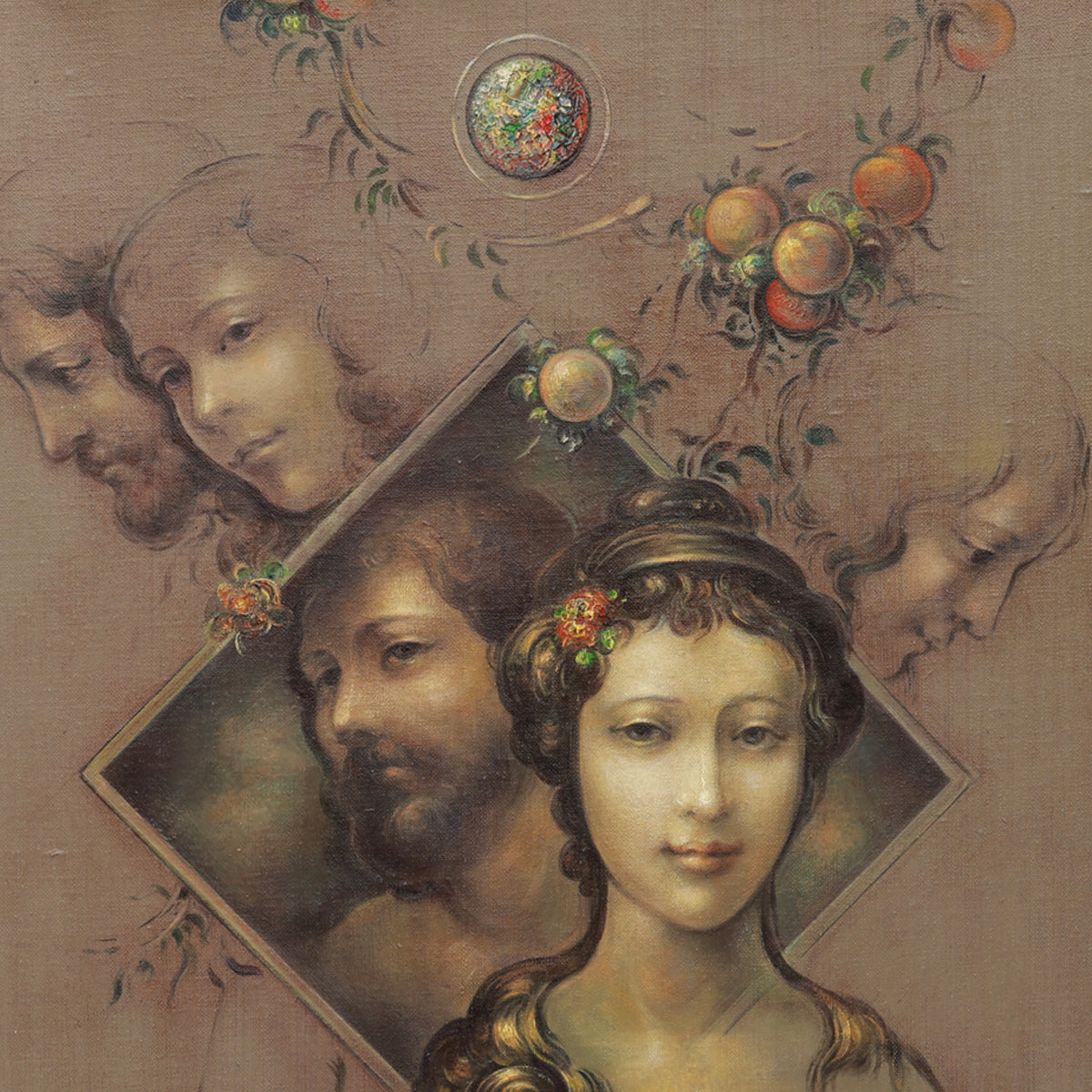 Artistic depiction of a woman's face with decorative elements and portraits in a frame.