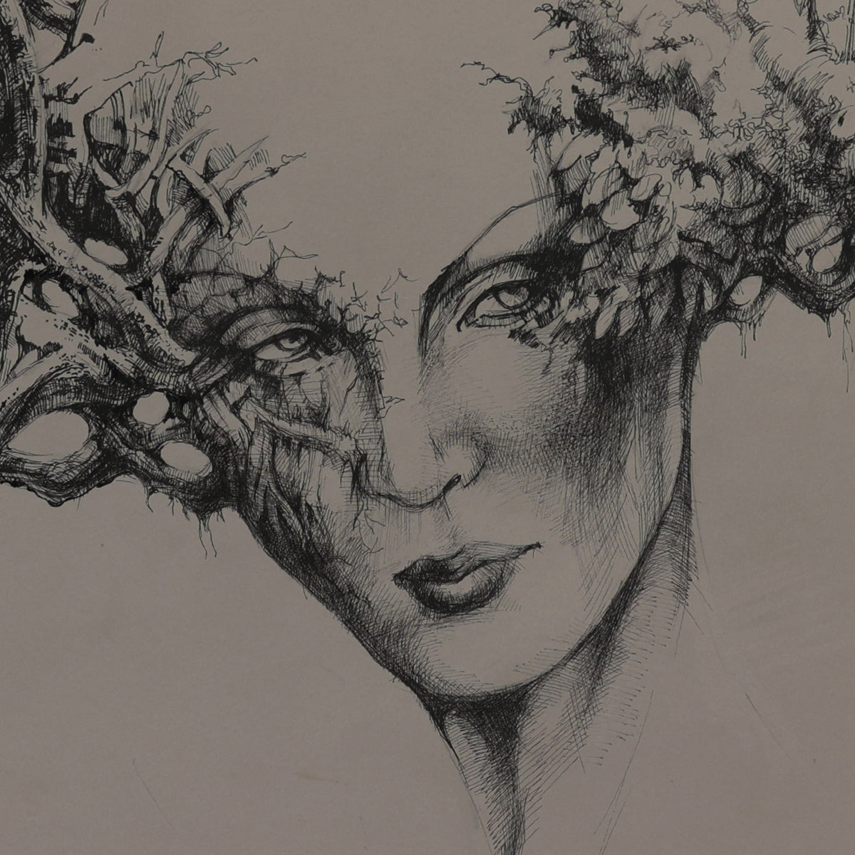 Artistic depiction of a face with intricate detailing and natural elements.