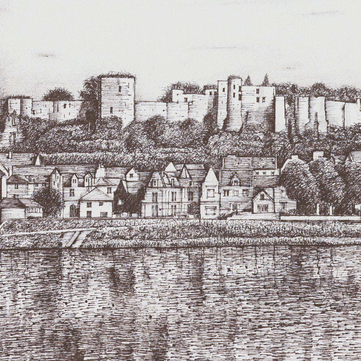 Vintage illustration of a town with a castle overlooking a river