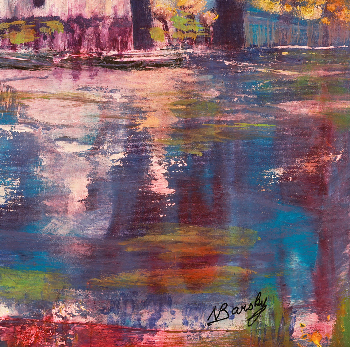 A detail shot of an abstract cityscape painting with colorful reflections on water