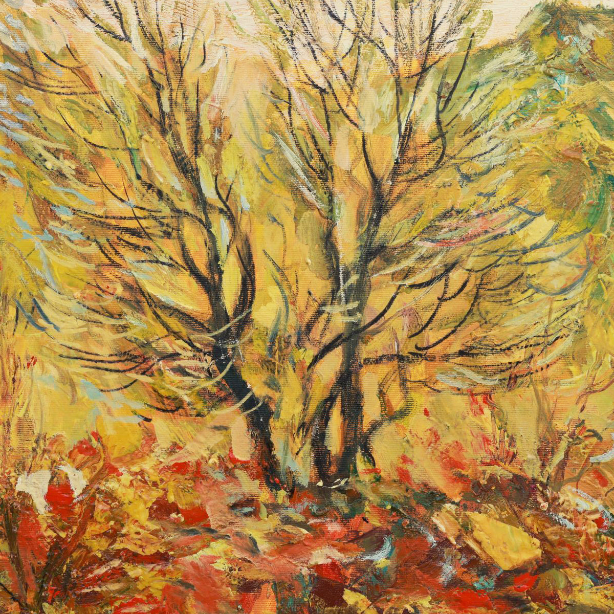 Colorful abstract painting of trees and foliage