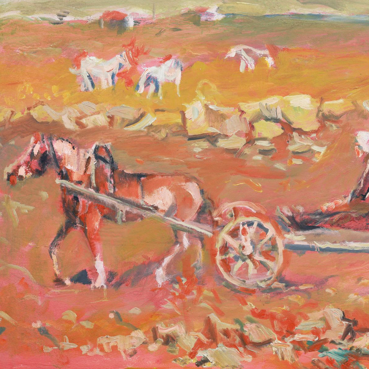 Painting of a horse pulling a cart through a field with a warm color palette.
