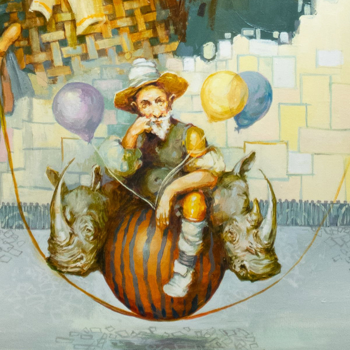 Illustration of a man with a child on a large striped ball with rhinoceros heads, surrounded by balloons.