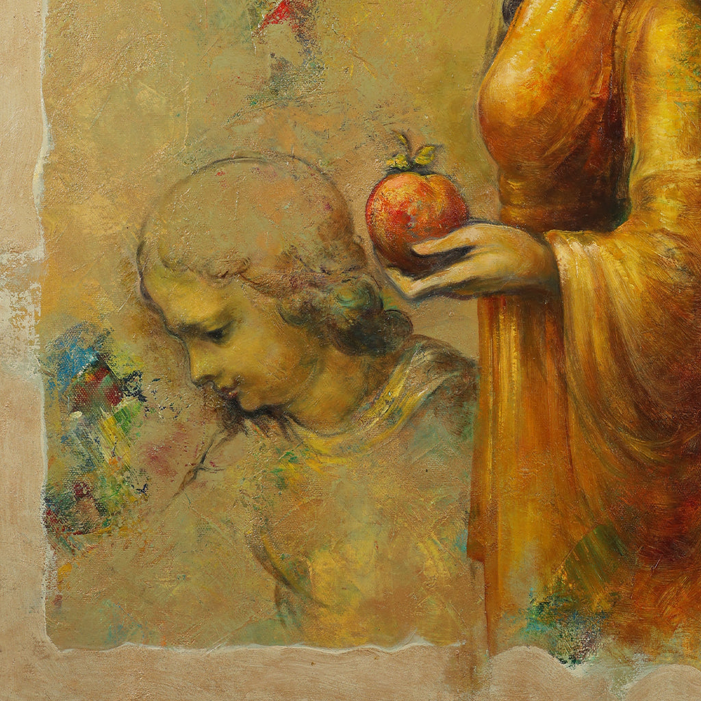A detail shot of a symbolic painting by Vanikian P. featuring a Renaissance-inspired woman in a flowing golden robe holding a pomegranate, surrounded by soft, angelic figures and ethereal brushstrokes. The composition includes a mystical, jewel-toned egg-shaped emblem and a turquoise portal-like shape, blending classical portraiture with surreal, spiritual elements. Warm ochres, reds, and turquoise hues create a dreamlike atmosphere that evokes themes of femininity, wisdom, and rebirth.