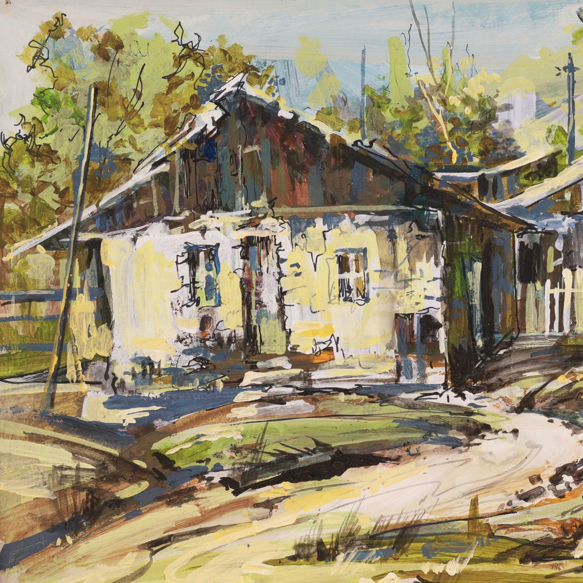 Painting of a rustic building with a green landscape