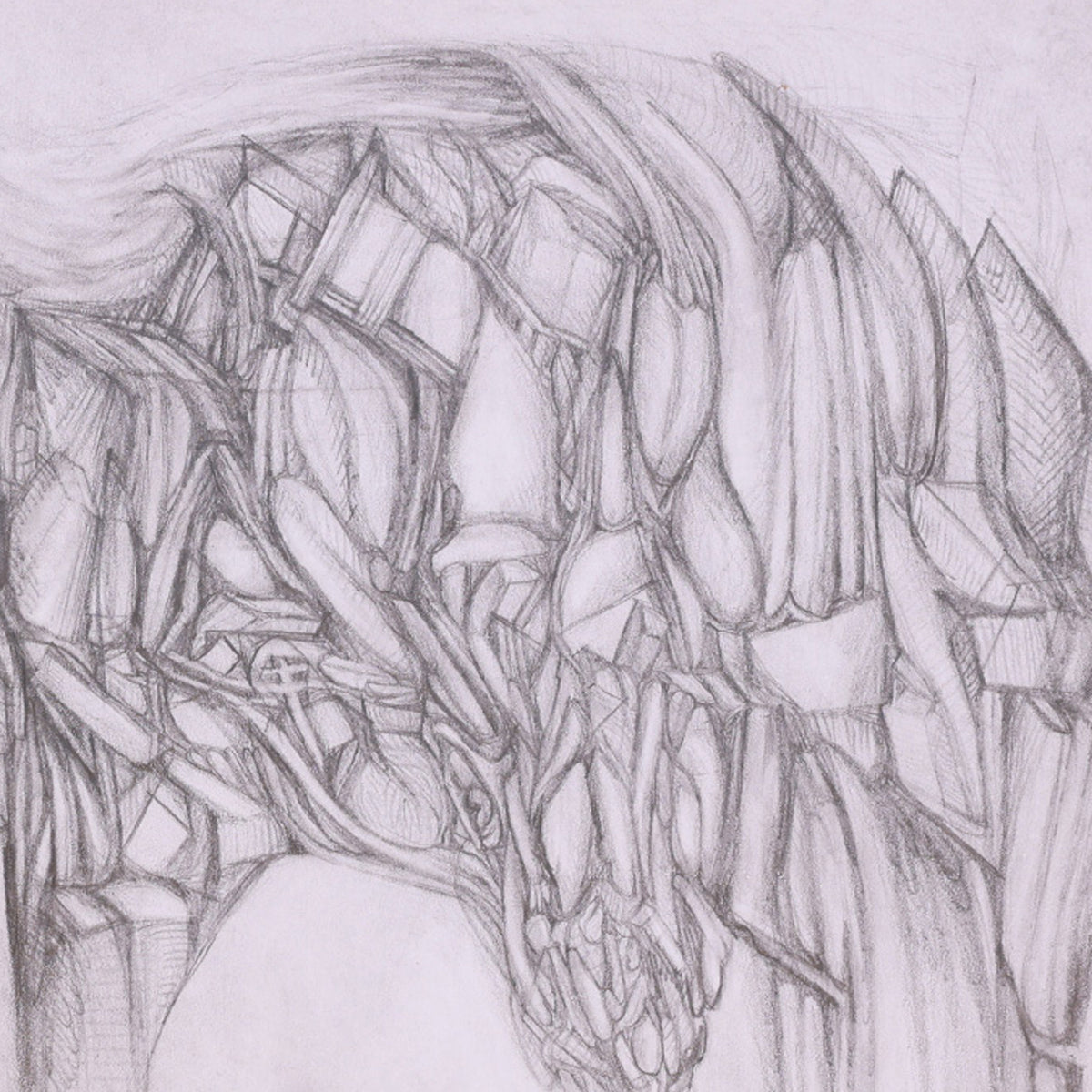 Abstract pencil drawing with geometric shapes and lines on a light gray background