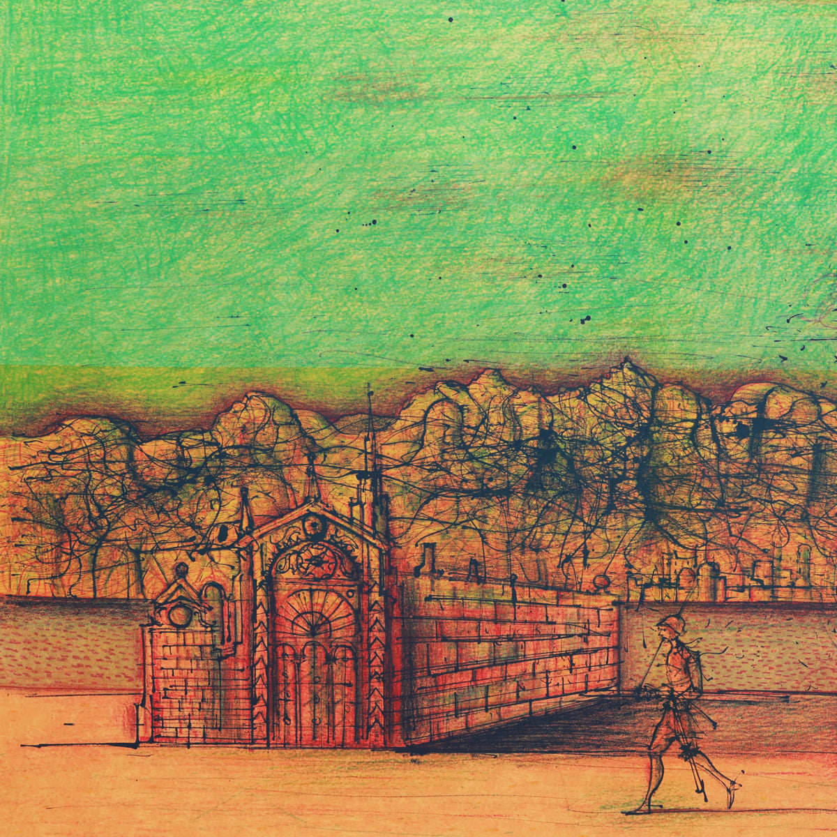Artistic depiction of a stone building with a person walking, set against a green sky.
