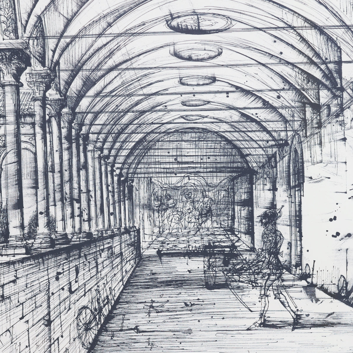 Architectural drawing of a long corridor with columns and a painting at the end.