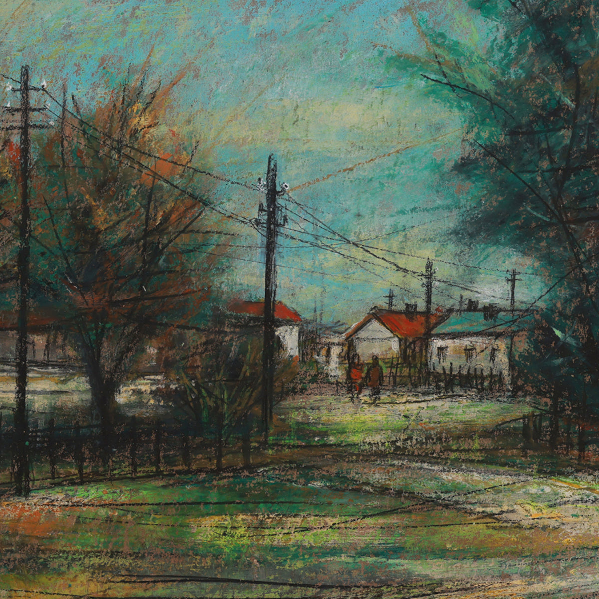 Painting of a street scene with houses and power lines
