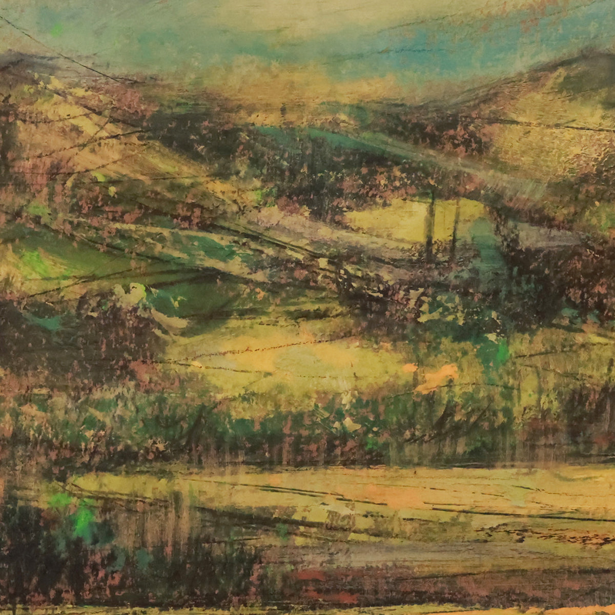 Abstract landscape painting with green and brown tones