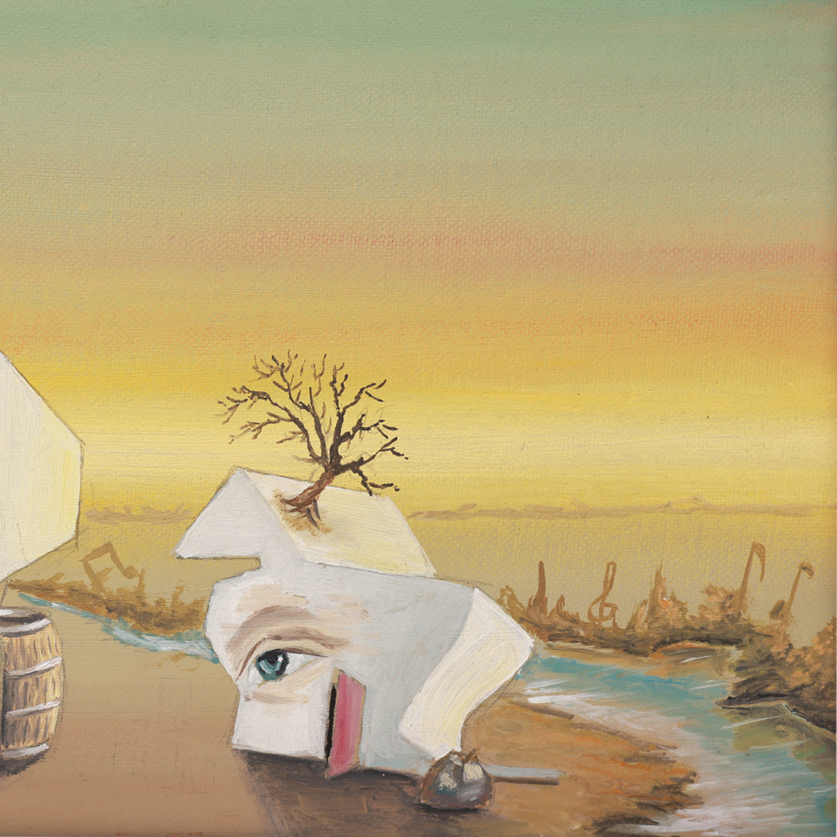 Artistic depiction of a landscape with a large eye, tree, and geometric shapes.