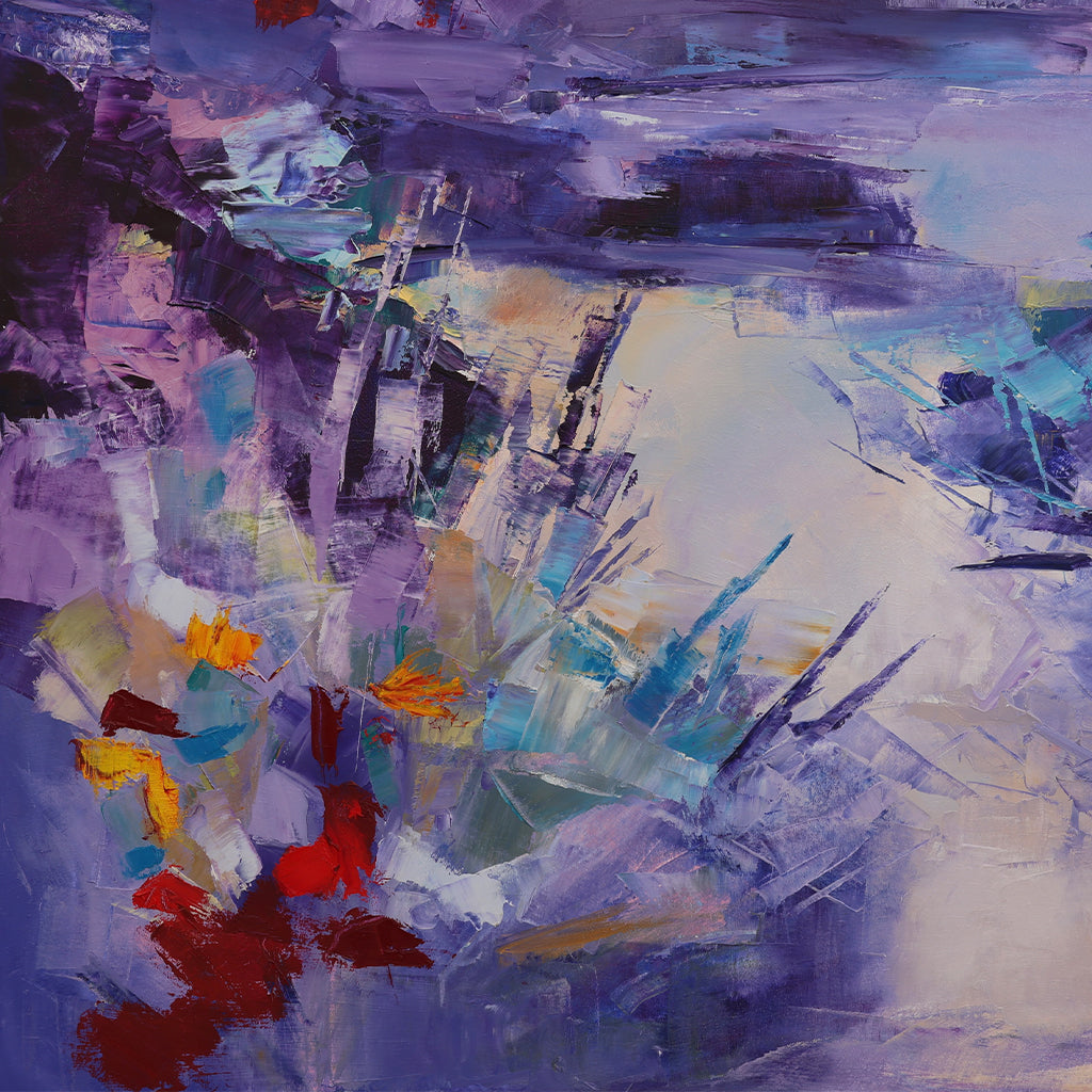 A detail shot of a vibrant and abstract painting by Nadia Barsky. The artwork depicts a landscape, rendered in bold strokes and a palette heavy with purples, blues, and hints of red and green.