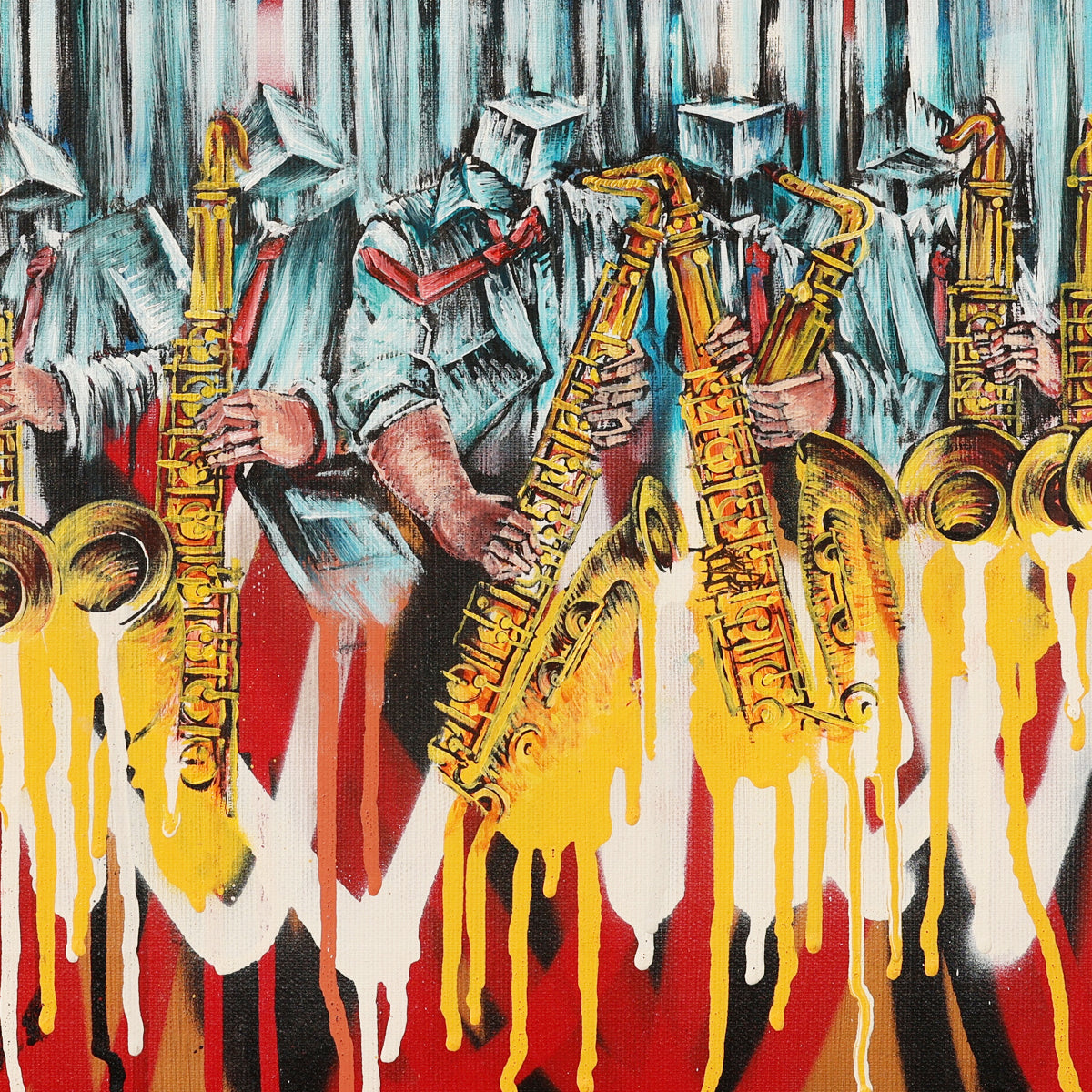 A detail shot of a painting depicting an artistic depiction of saxophone players with cube heads and abstract background
