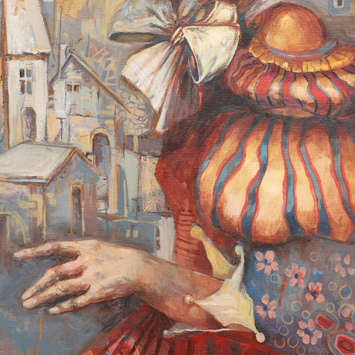 Close-up of a person in colorful clothing with a village scene in the background