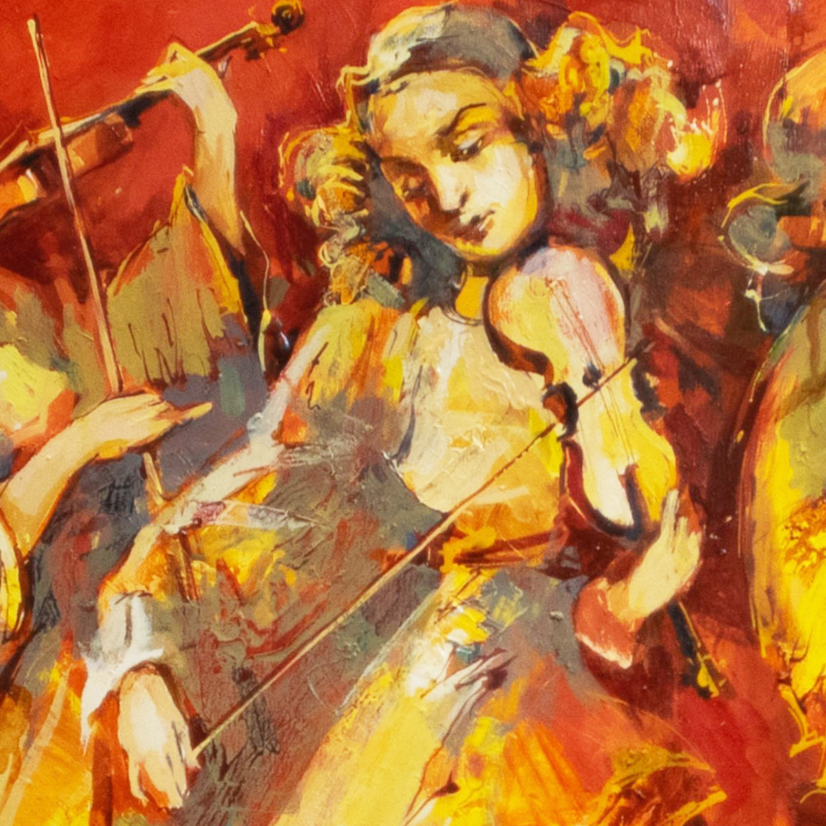 Artistic depiction of a person playing a violin with warm colors