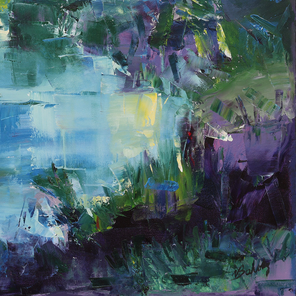 A detail shot of an abstract oil painting on canvas with vibrant colors and brush strokes depicting a natural scene.