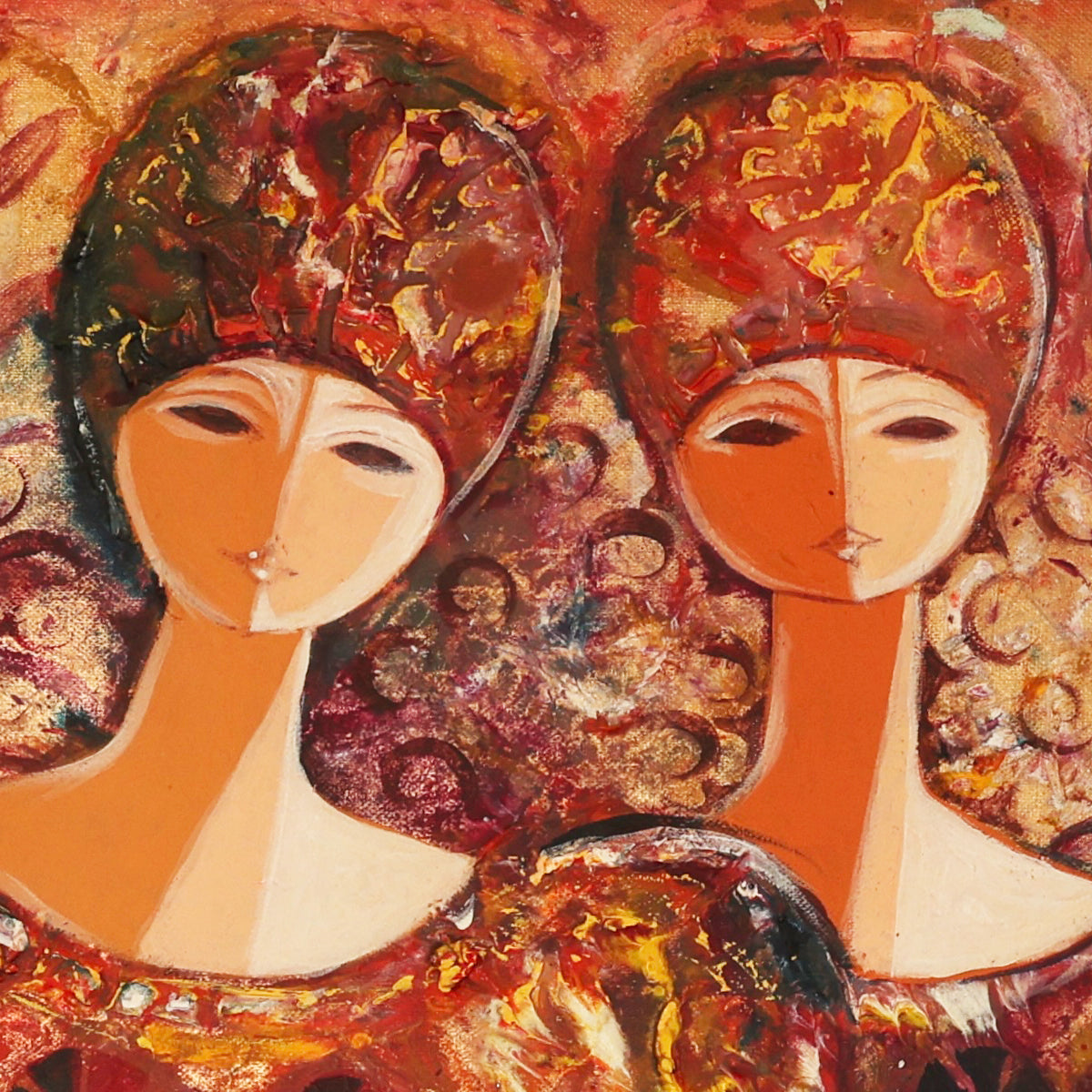 A detail shot of a vibrant abstract painting titled “We Are Family” by artist Hrair, featuring five elongated, stylized female figures in richly textured, ornate red and gold garments. The figures stand close together in a symbolic representation of unity and heritage, with a mystical green horse subtly emerging in the background. The artwork blends Byzantine and Armenian influences with expressive brushstrokes and a warm, earthy palette.