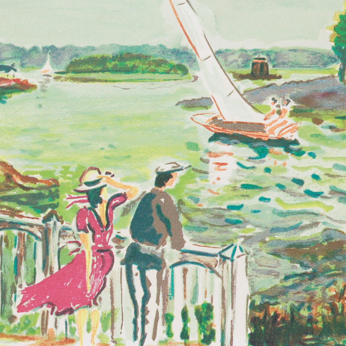 Painting of a couple on a dock watching a sailboat, with a scenic background.
