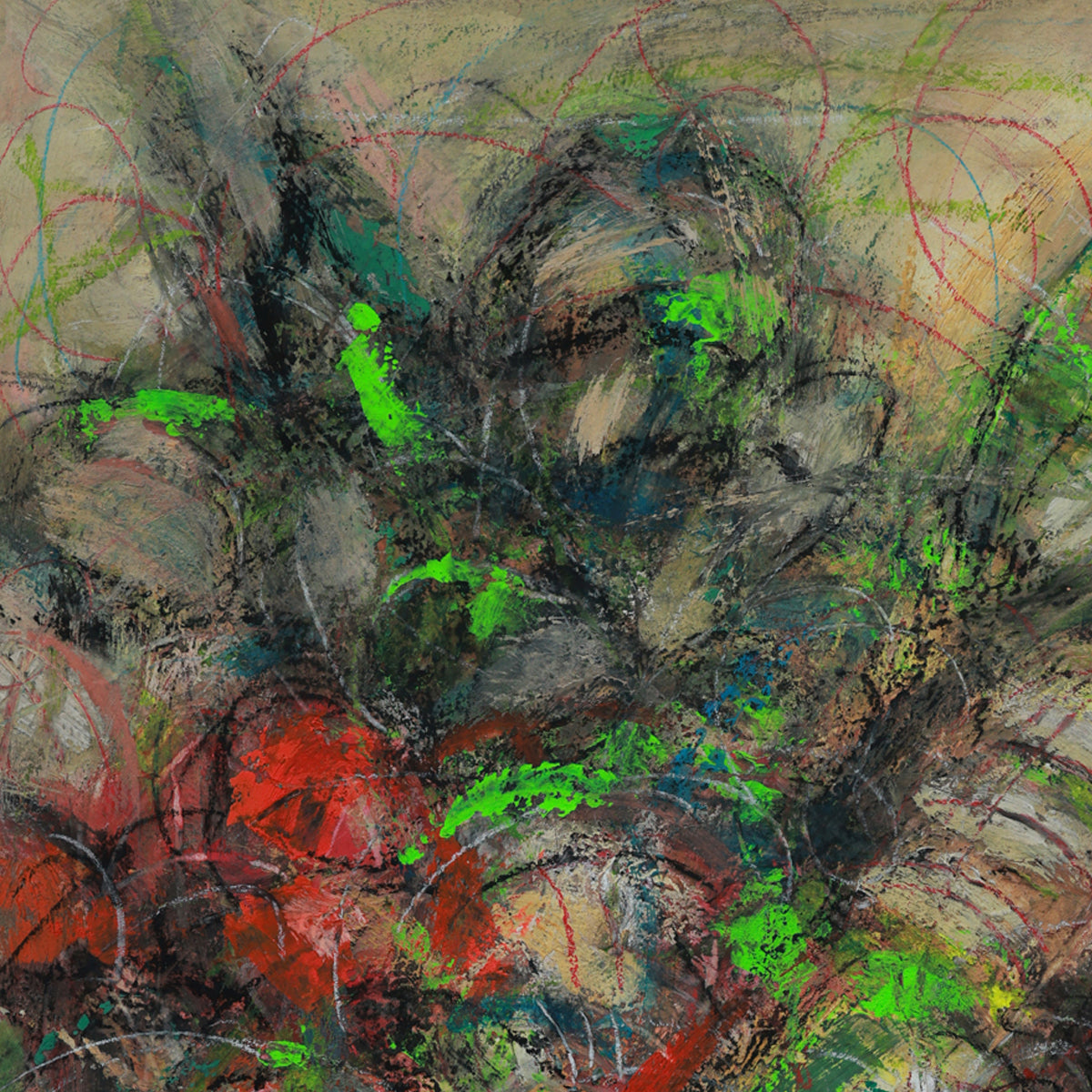 Abstract artwork with a mix of green, red, and brown colors.