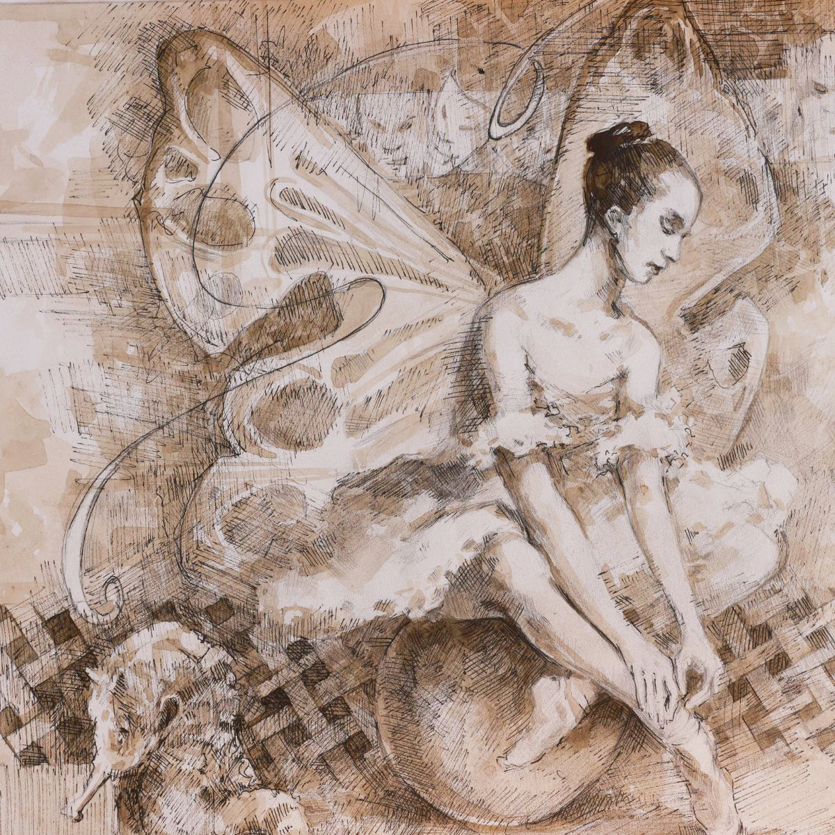 Artistic depiction of a fairy with large wings sitting on a sphere, with a textured brown background.