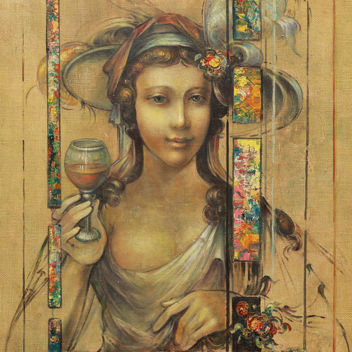 Artistic depiction of a woman holding a glass of wine with decorative elements.