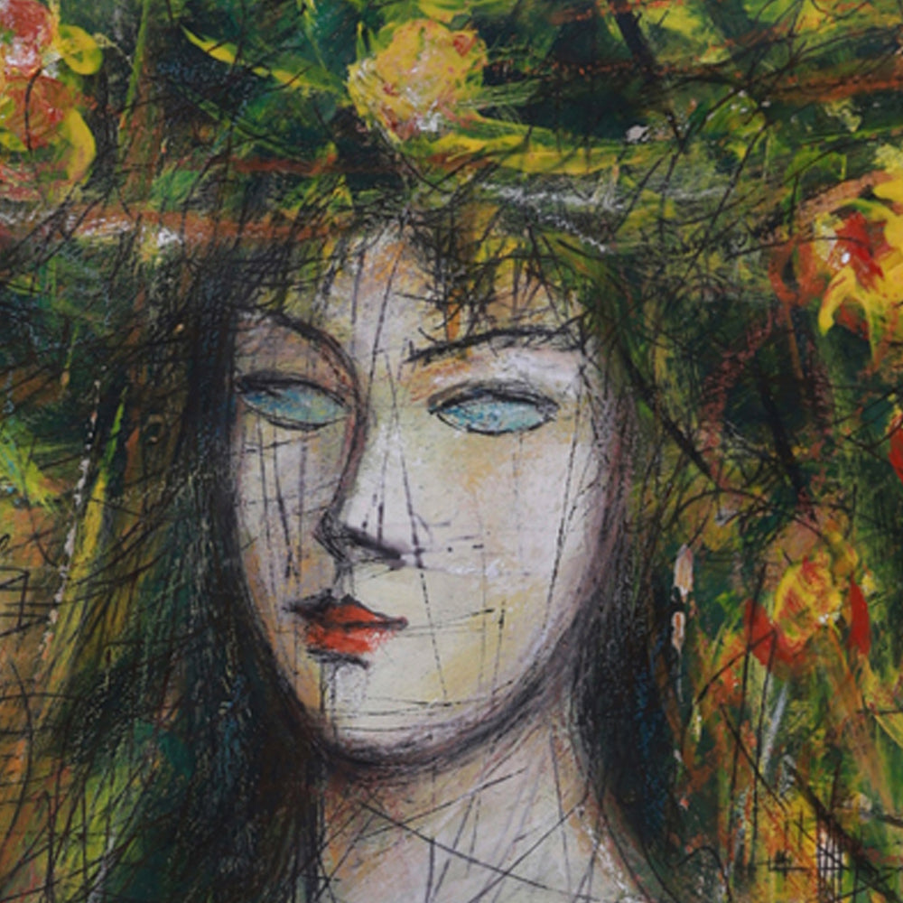 Abstract artwork of a face with a floral background