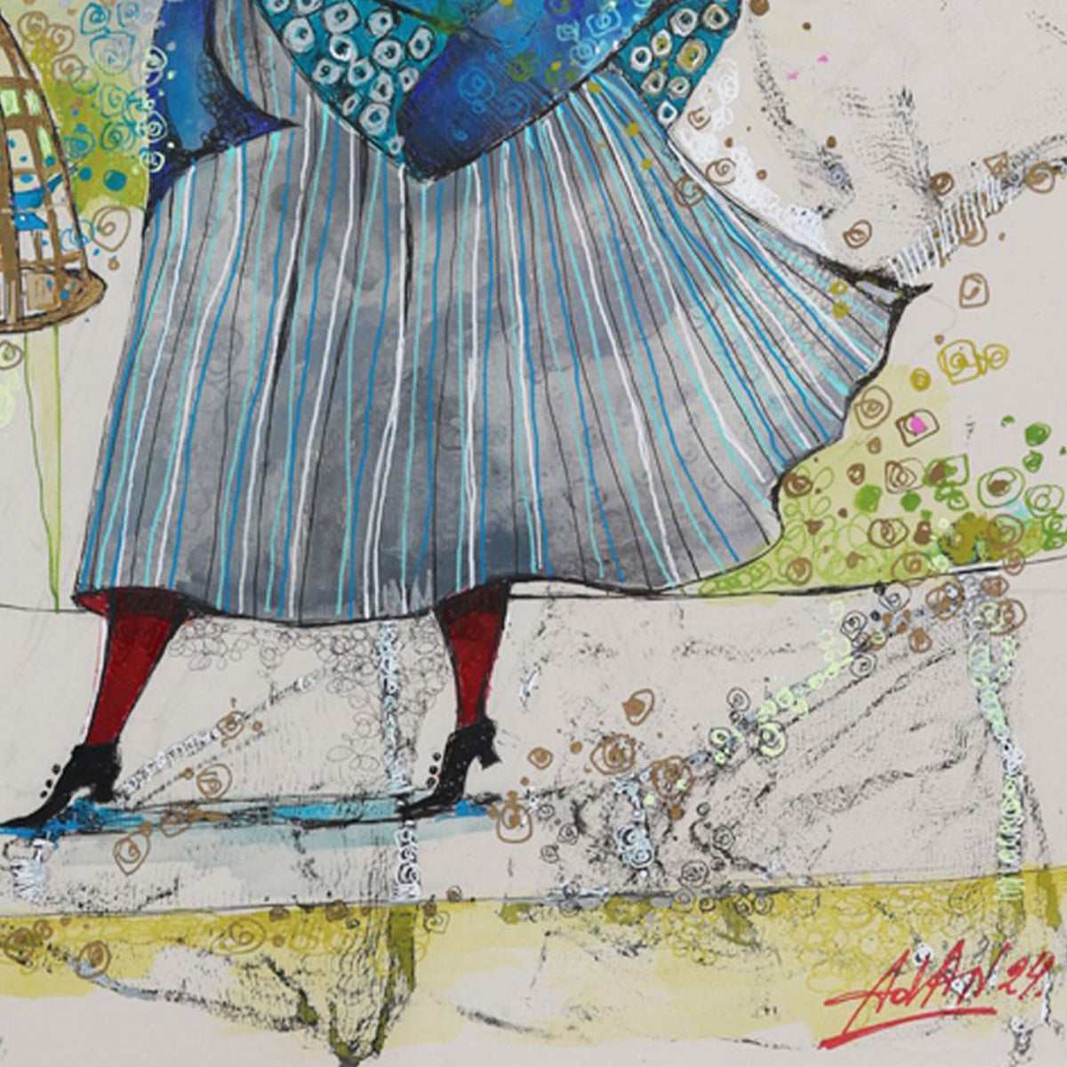 Abstract artwork with a person wearing a blue dress and red shoes on a textured background.
