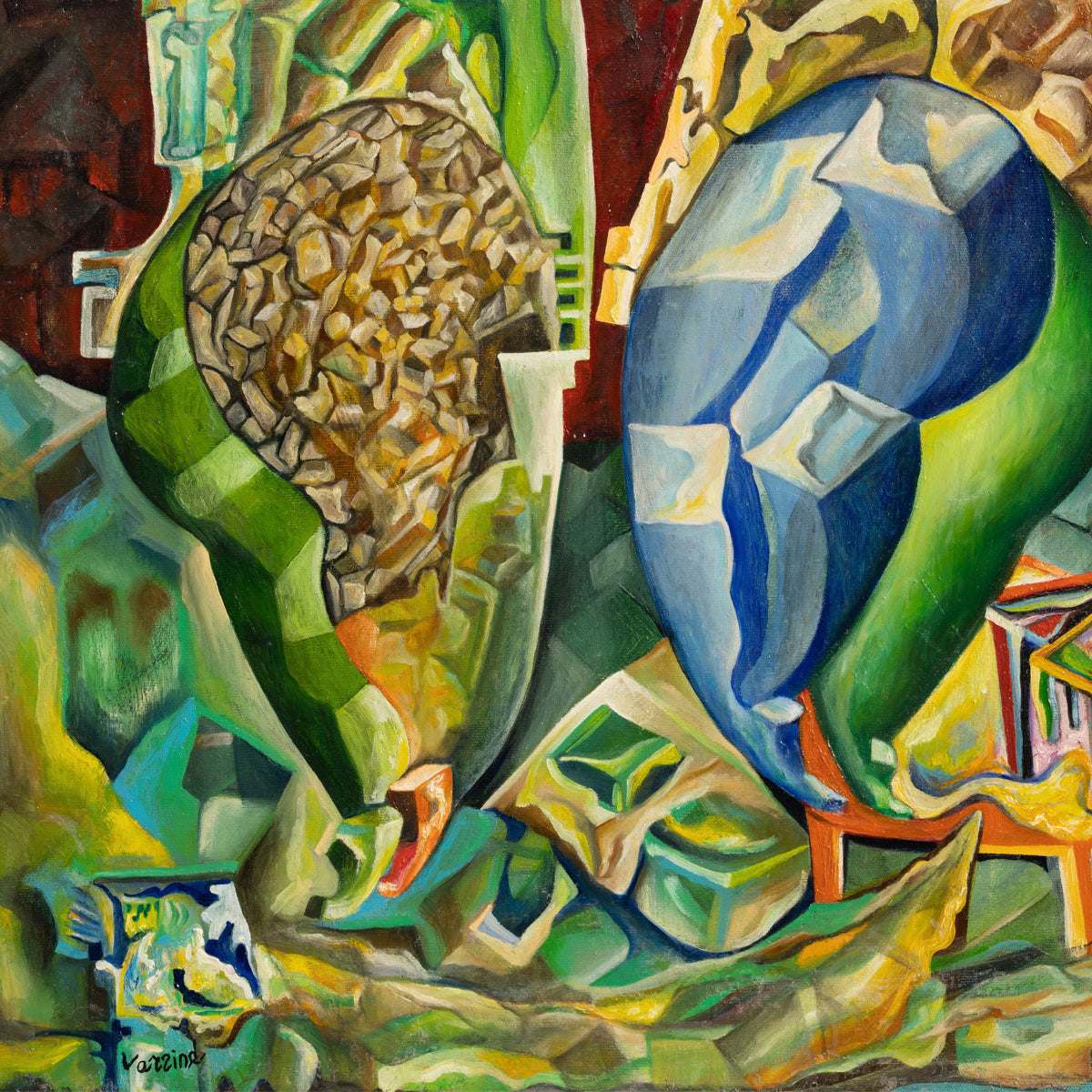 A detail shot of an abstract painting with geometric shapes and vibrant colors