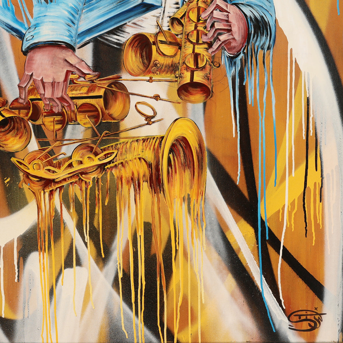 A detail shot of a surreal jazz painting of a faceless musician in a blue suit playing a golden saxophone, with abstract, geometric forms replacing the head and dripping paint adding motion and intensity. The artwork features bold strokes of blue, white, and ochre, blending graffiti-like energy with expressive surrealism. The fragmented saxophone and vibrant background evoke the chaotic rhythm and emotion of live jazz music.