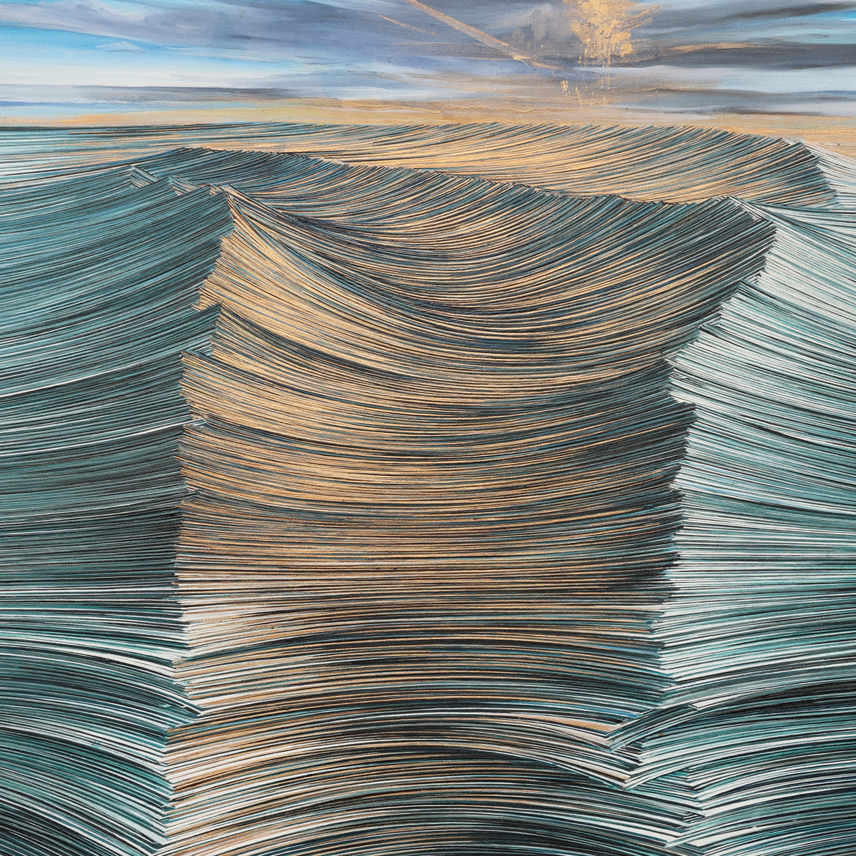 A detail shot of an abstract seascape painting depicting ocean waves made of layered pages of paper, rendered in sweeping linear brushstrokes with teal, gold, and copper tones. The textured waves flow toward a glowing horizon where a sunburst breaks through a moody sky. The composition evokes both the movement of water and the passage of time, blending literary symbolism with natural elements.