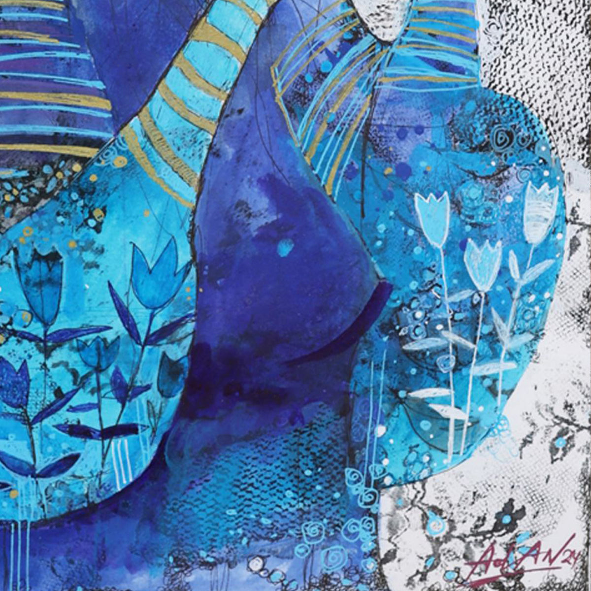 Abstract artwork with blue and white elements, featuring a signature at the bottom right corner.