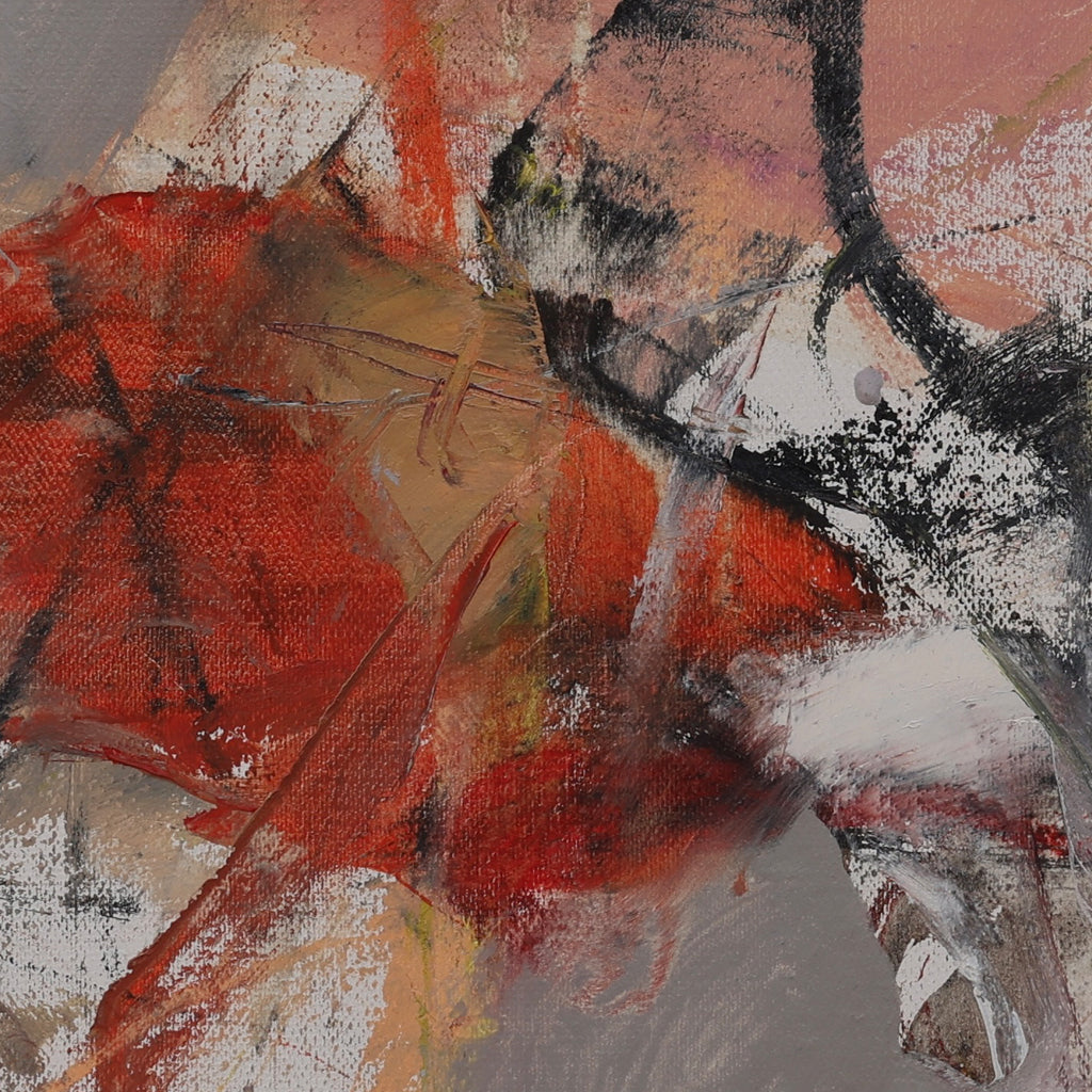 A detail shot of an abstract oil painting on canvas with bold colors and dynamic textures.