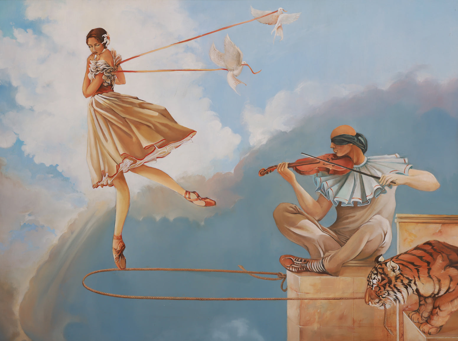 Artistic depiction of a dancer and violinist against a cloudy sky.