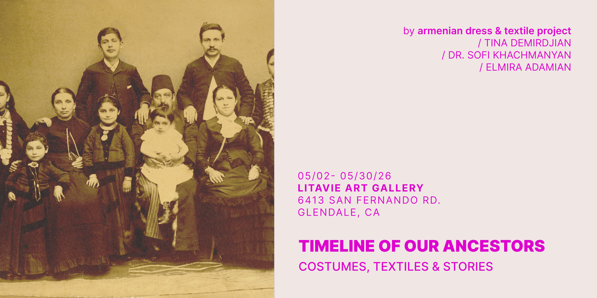Vintage family portrait with text about Armenian dress and textile project.
