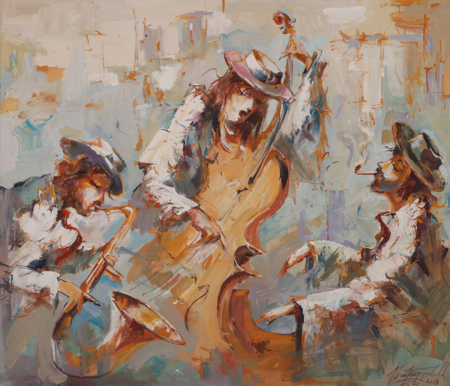 Artistic depiction of musicians playing instruments with a warm color palette.