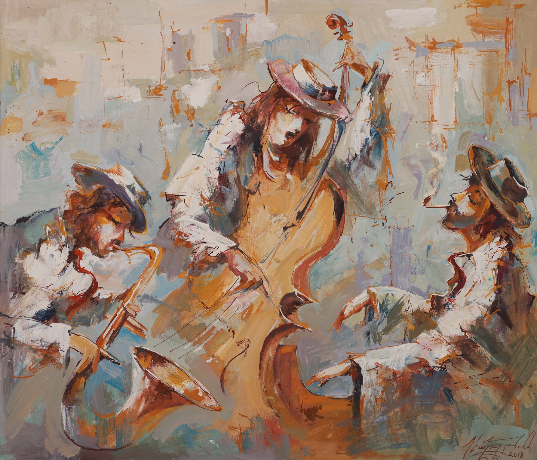 Artistic depiction of musicians playing instruments with a warm color palette.