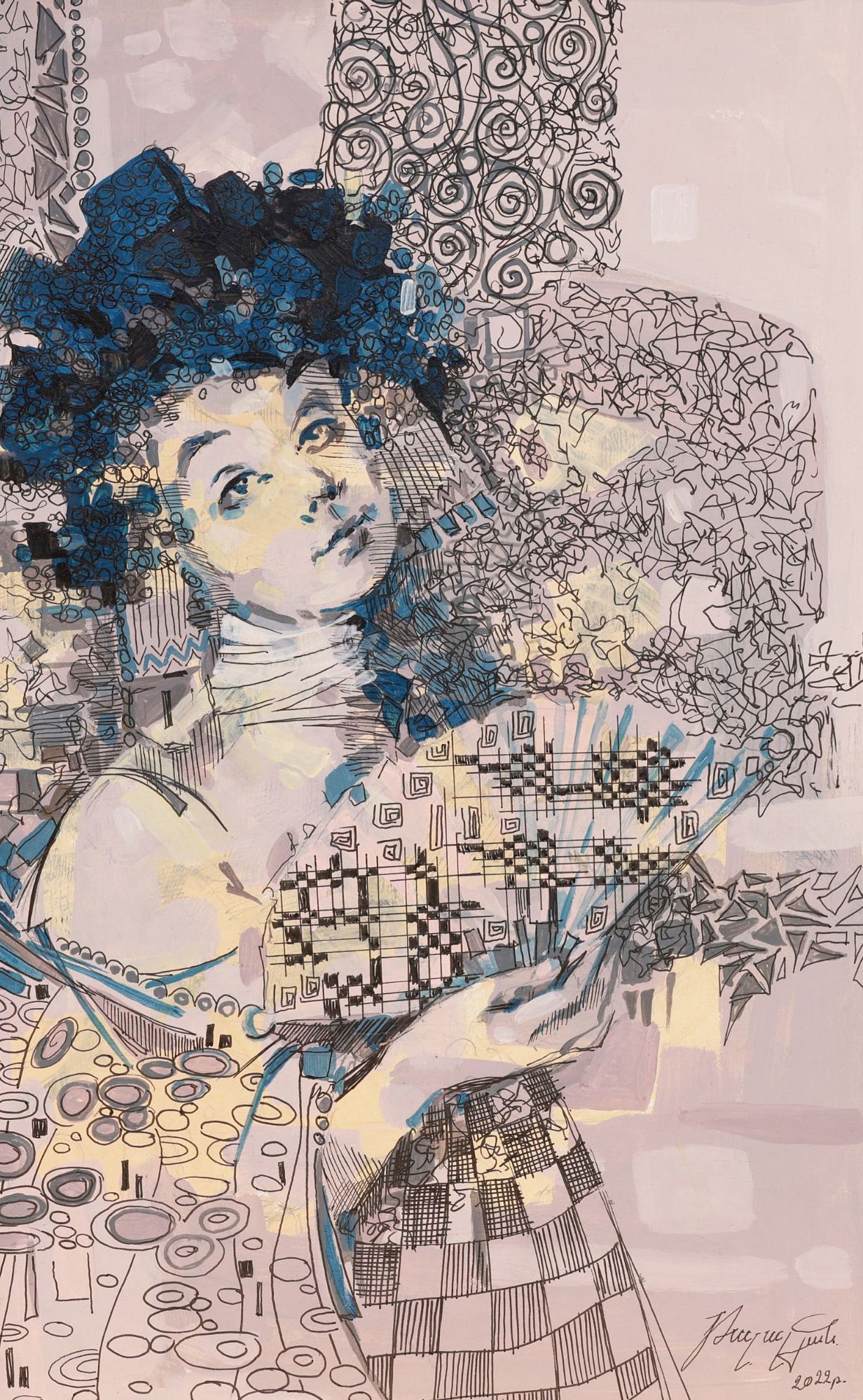 Collage art of a woman with intricate patterns and textures