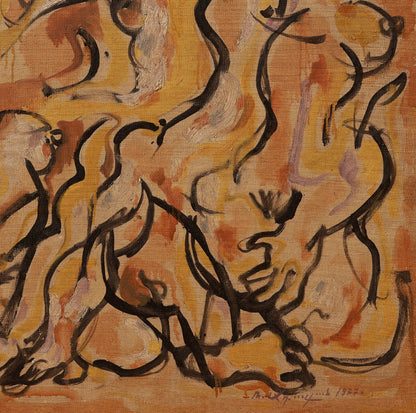 A detail shot of an abstract artwork with flowing lines making shapes of human figures on a textured orange background
