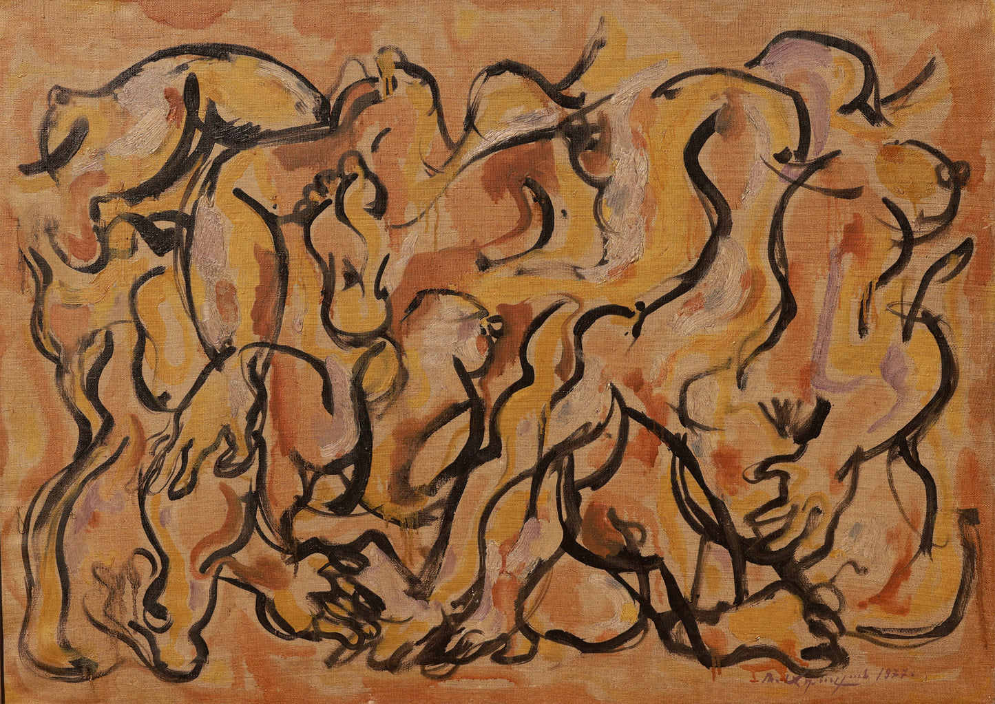 Abstract artwork with flowing lines making shapes of human figures on a textured orange background