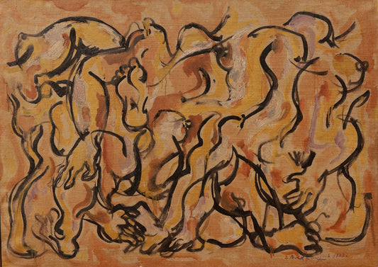 Abstract artwork with flowing lines making shapes of human figures on a textured orange background