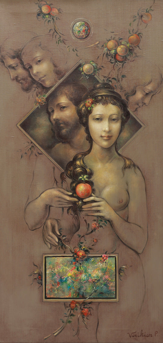 Artistic depiction of a woman holding an apple with decorative elements and portraits.