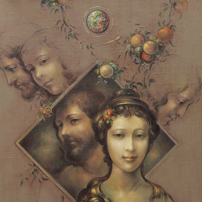 Artistic depiction of a woman's face with decorative elements and portraits in a frame.