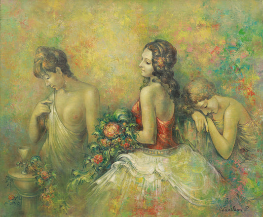 Artistic depiction of three figures in a floral setting
