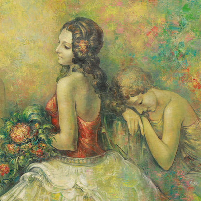 Artistic depiction of two figures with a floral arrangement, in a style reminiscent of classical painting.