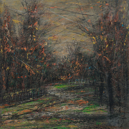 Artistic depiction of a forest path with autumnal trees