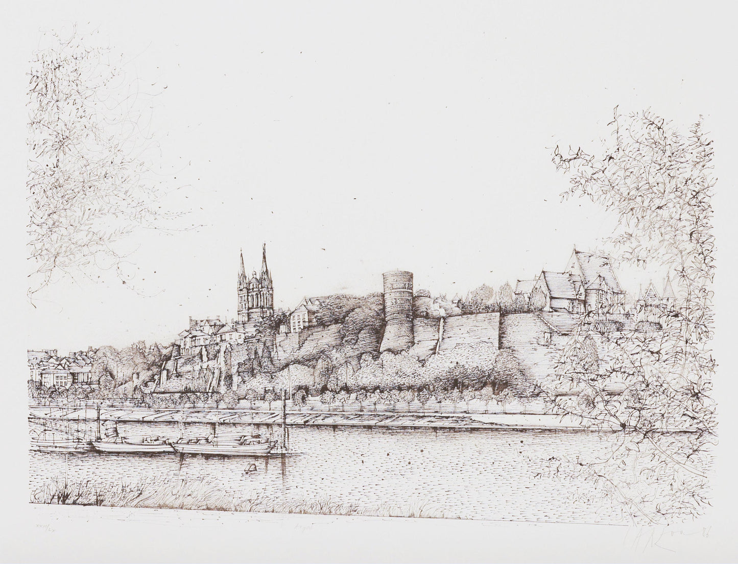 Pencil drawing of a cityscape with a river and buildings.