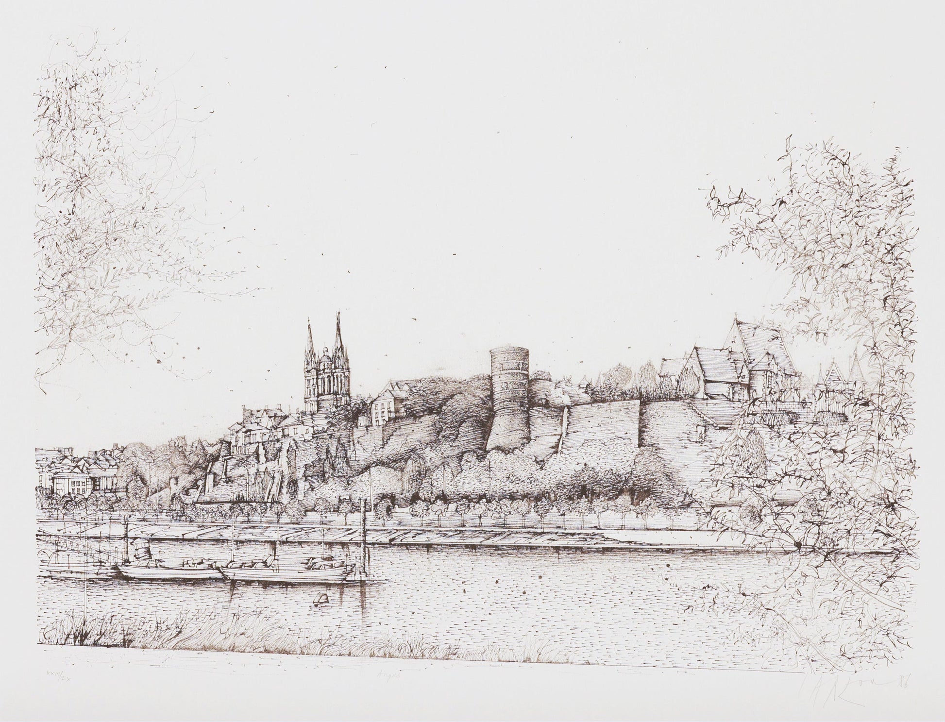 Pencil drawing of a cityscape with a river and buildings.