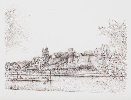 Pencil drawing of a cityscape with a river and buildings.
