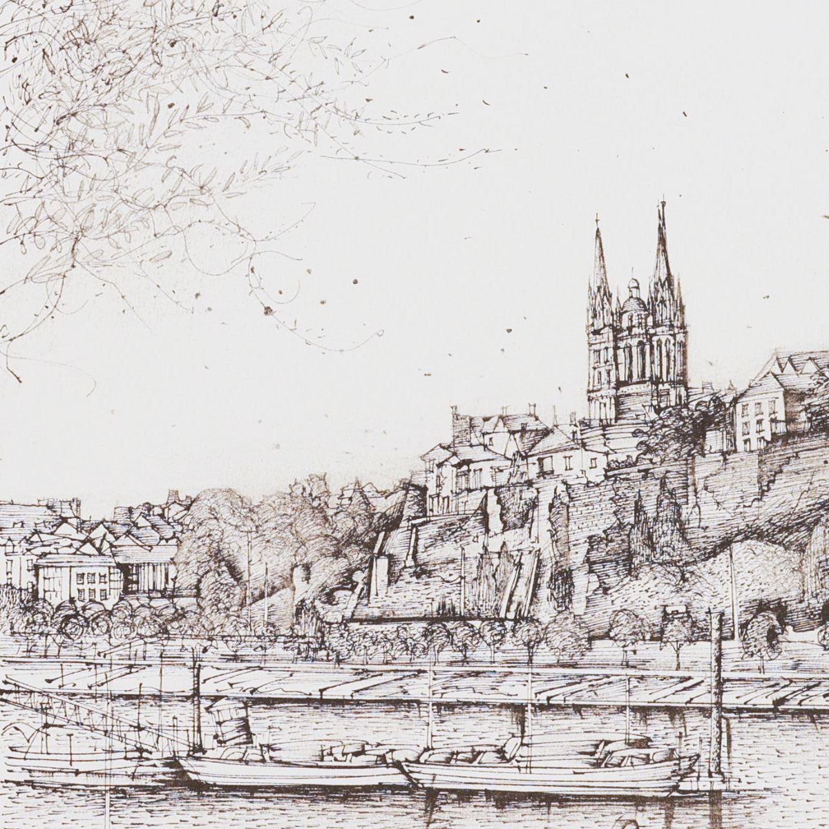 Vintage black and white drawing of a cityscape with a prominent cathedral and river.